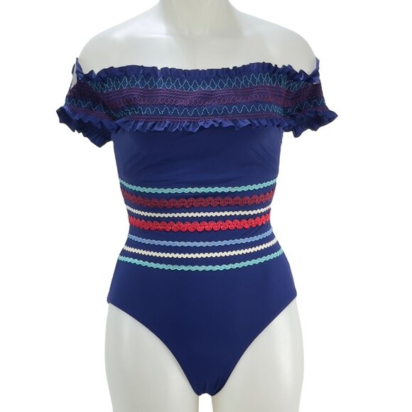 RED CARTER Women's Blue Smocked One Piece Swimsuit Size 6 - Picture 9 of 10